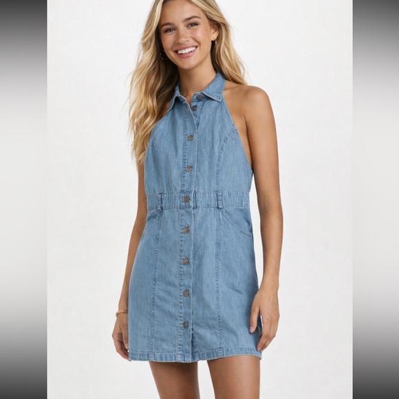 Free People Sami Light Blue denim chambray halter Mini Dress 51869 - Picture 2 of 16